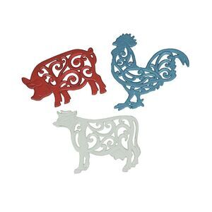 Set of 3 Cast Iron Farm Animal Kitchen Trivets Wall Art Decor Rooster Cow Pig